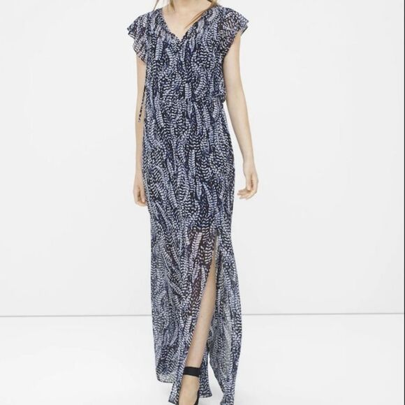 White House Black Market feather design, flutter sleeve, blk wht blue maxi XXS - Picture 5 of 9